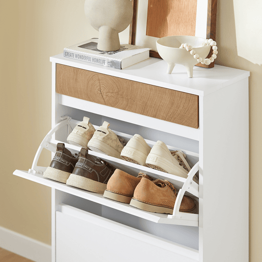 SoBuy FSR205-WN Sapateira de entrada fina que poupa espaço - Sapateira com 2 portas rebatíveis e gaveta - Design nórdico para entradas modernas - Roupeiro em madeira branca e carvalho - 61x26x91cm