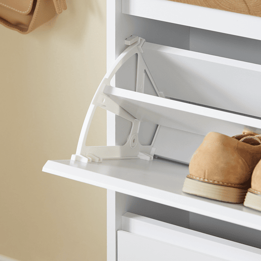 SoBuy FSR205-WN Sapateira de entrada fina que poupa espaço - Sapateira com 2 portas rebatíveis e gaveta - Design nórdico para entradas modernas - Roupeiro em madeira branca e carvalho - 61x26x91cm