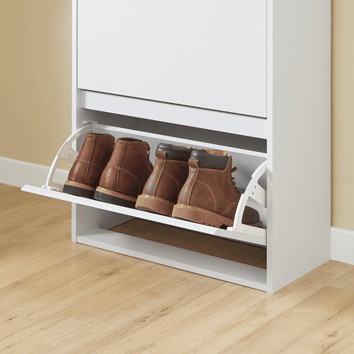 SoBuy FSR205-WN Sapateira de entrada fina que poupa espaço - Sapateira com 2 portas rebatíveis e gaveta - Design nórdico para entradas modernas - Roupeiro em madeira branca e carvalho - 61x26x91cm
