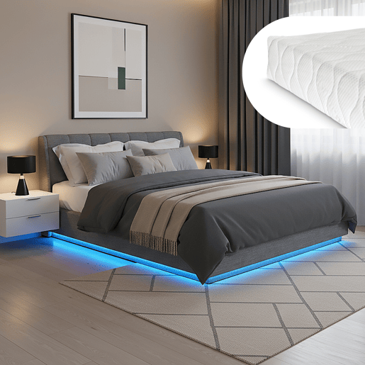 Cama estofada Tröstiar LED com base de ripas dobrável + colchão 180x200cm - Antracite en.casa