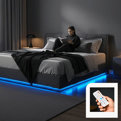 Cama estofada Tröstiar LED com base de ripas dobrável + colchão 180x200cm - Antracite en.casa