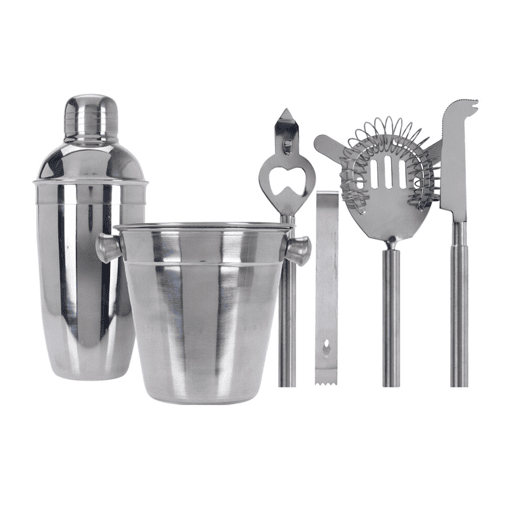 Conjunto de bar - Coqueteleira, Balde, Coador, Abridor de garrafas, Faca e Pinça