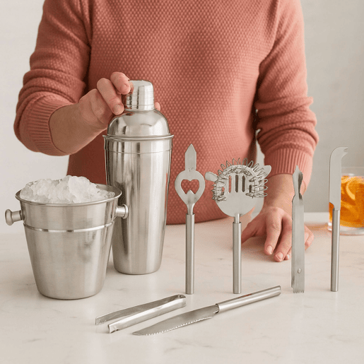 Conjunto de bar - Coqueteleira, Balde, Coador, Abridor de garrafas, Faca e Pinça