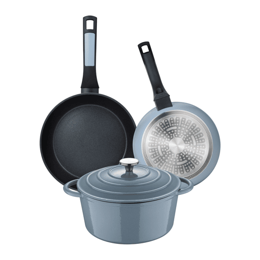 Conjunto de 2 frigideiras Ø20Ø26cm em alumínio prensado + panela com tampa Ø25,5x12cm (5L) em ferro fundido, azul, NOIA San Ignacio