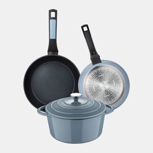 Conjunto de 2 frigideiras Ø20Ø26cm em alumínio prensado + panela com tampa Ø25,5x12cm (5L) em ferro fundido, azul, NOIA San Ignacio