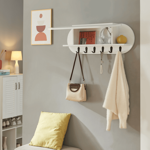 Bengaleiro de parede Vilkön prateleira + 6 ganchos 80x16x30cm Branco en.casa