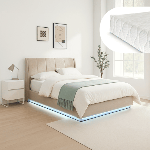 Cama estofada Tröstiar LED com base de ripas dobrável + colchão 160x200cm - Bege en.casa
