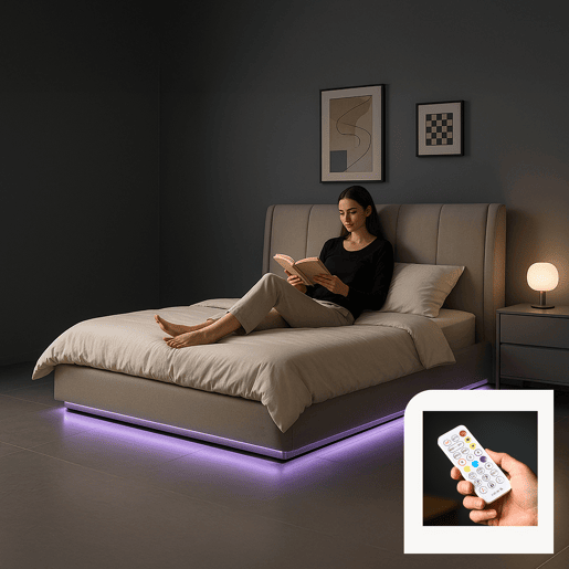 Cama estofada Tröstiar LED com base de ripas dobrável + colchão 160x200cm - Bege en.casa