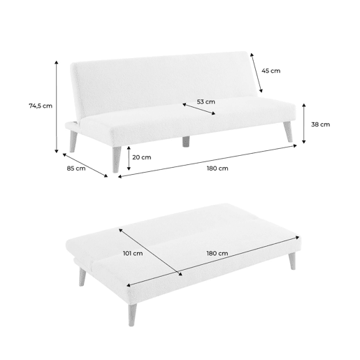 Sofá cama conversível em boucle de 3 lugares, Tom, Branco, 180x100x74.5 cm
