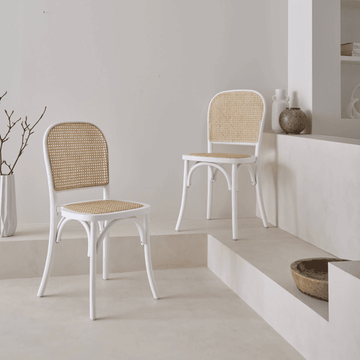 Vintage cadeira de madeira e rattan, set de 2, Montparnasse, Branco, 48x44.5x89.5 cm