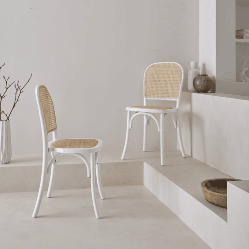 Vintage cadeira de madeira e rattan, set de 2, Montparnasse, Branco, 48x44.5x89.5 cm