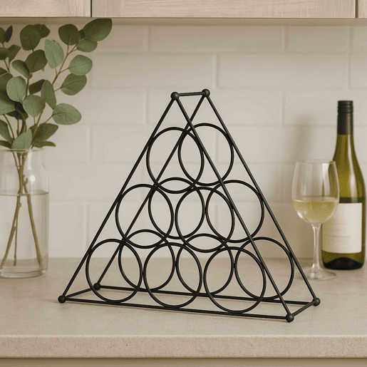 Suporte de vinho triangular compacto em metal para 6 garrafas. Suporte de vinho triangular compacto em metal para 6 garrafas.