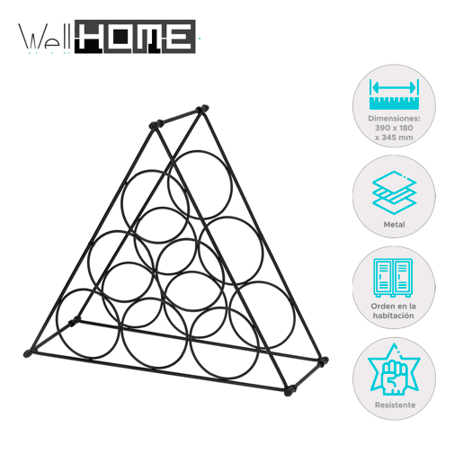 Suporte de vinho triangular compacto em metal para 6 garrafas. Suporte de vinho triangular compacto em metal para 6 garrafas.