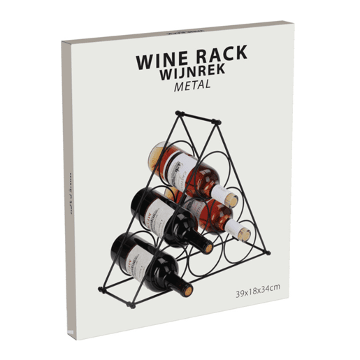 Suporte de vinho triangular compacto em metal para 6 garrafas. Suporte de vinho triangular compacto em metal para 6 garrafas.