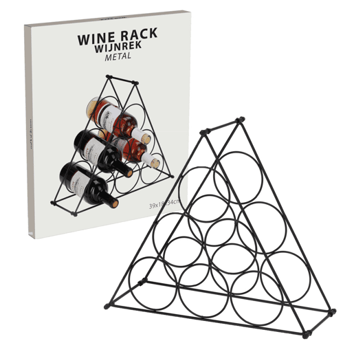 Suporte de vinho triangular compacto em metal para 6 garrafas. Suporte de vinho triangular compacto em metal para 6 garrafas.