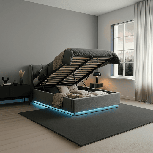 Cama estofada Tröstiar LED com base de ripas dobrável + colchão 160x200cm - Antracite en.casa