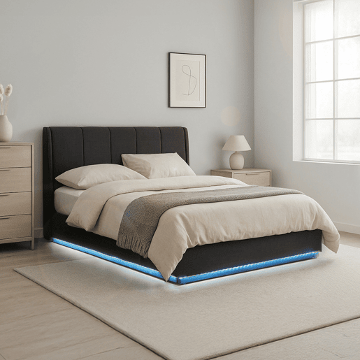 Cama estofada Tröstiar LED com base de ripas dobrável 160x200cm - Preto en.casa