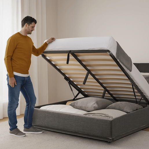Cama estofada Tröstiar LED com base de ripas dobrável 160x200cm - Preto en.casa
