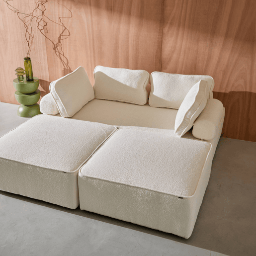 Sofá modular em tecido boucle de 3 lugares, Bao, Creme, 180x90x74 cm