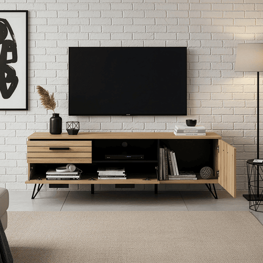Móvel de televisão Knobbed com gaveta 2 portas 150x38x49 cm Carvalho en.casa Móvel de televisão Knobbed com gaveta 2 portas 150x38x49 cm Carvalho en.casa