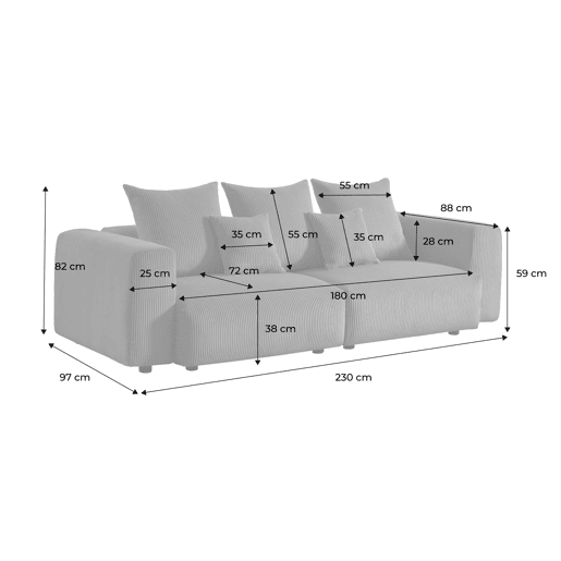 Sofá removível veludo canelado grosso de 3 lugares , Pillow, Creme, 230x97x82 cm