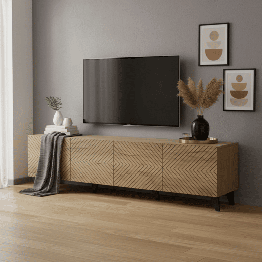 Móvel para TV Josi 200cm para Sala de EstarJantar com 4 Portas de Abrir, Acabamento em Melamina Carvalho Artesanal e Preto