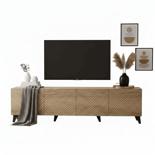 Móvel para TV Josi 200cm para Sala de EstarJantar com 4 Portas de Abrir, Acabamento em Melamina Carvalho Artesanal e Preto