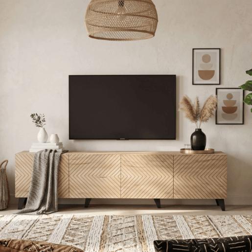 Móvel para TV Josi 200cm para Sala de EstarJantar com 4 Portas de Abrir, Acabamento em Melamina Carvalho Artesanal e Preto