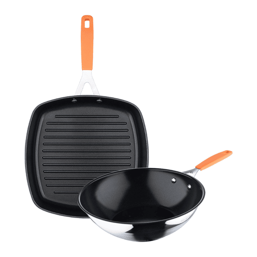 Conjunto COMPACTo de Grelha San Ignacio (28x28cm) + Wok (Ø28cm) em alumínio forjado para placas de indução.