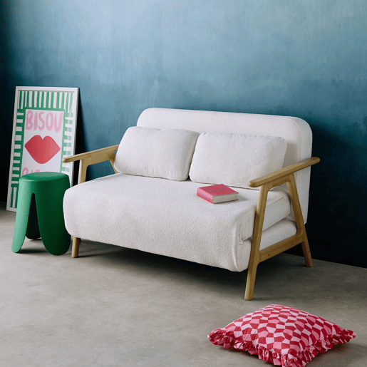 Sofá-cama em madeira e boucle texturizado de 2 lugares, Sven, Creme, 133x81x84 cm