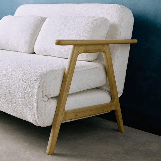 Sofá-cama em madeira e boucle texturizado de 2 lugares, Sven, Creme, 133x81x84 cm