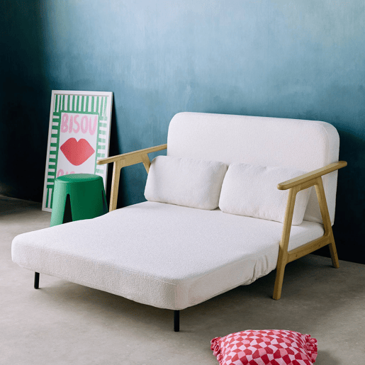 Sofá-cama em madeira e boucle texturizado de 2 lugares, Sven, Creme, 133x81x84 cm