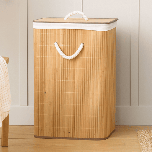 Cesto de roupa dobrável em bambu com interior em algodão