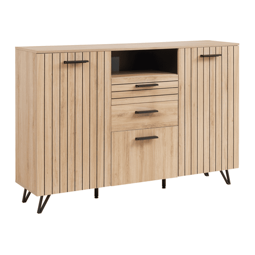 Aparador Noppen com 3 portas e 2 gavetas 100x150x38 cm Aspeto de carvalho en.casa