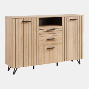 Aparador Noppen com 3 portas e 2 gavetas 100x150x38 cm Aspeto de carvalho en.casa