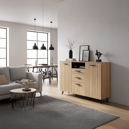 Aparador Noppen com 3 portas e 2 gavetas 100x150x38 cm Aspeto de carvalho en.casa