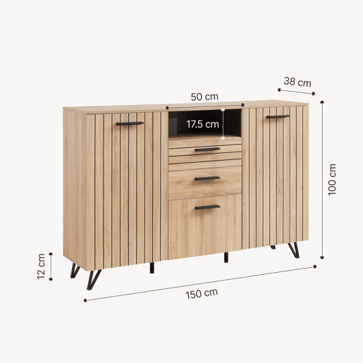 Aparador Noppen com 3 portas e 2 gavetas 100x150x38 cm Aspeto de carvalho en.casa