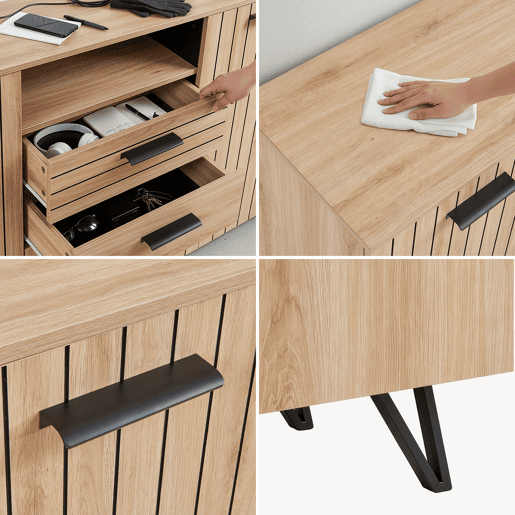 Aparador Noppen com 3 portas e 2 gavetas 100x150x38 cm Aspeto de carvalho en.casa