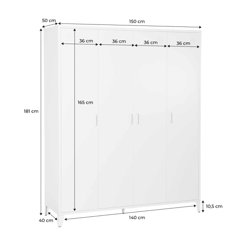 Armário industrial metal 4 portas, 10 prateleiras, 1 cabide, Soho, Beige, 150x50x180 cm