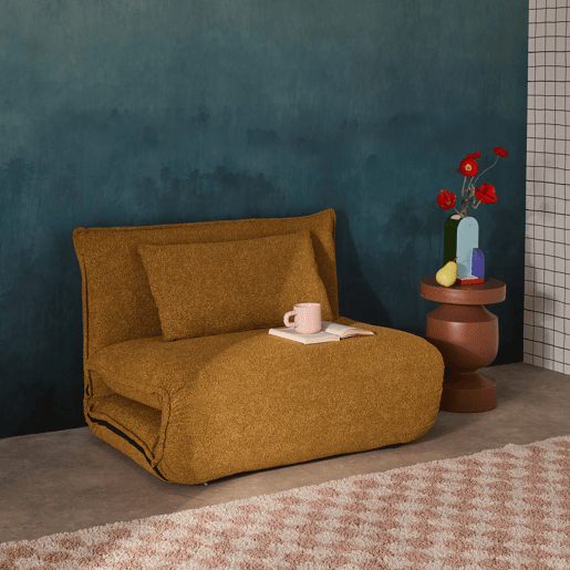 Poltrona conversível em tecido boucle texturizado, Fleeep, Mostarda, 200x99x66 cm