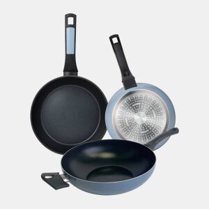 Conjunto de 2 frigideiras (Ø20Ø26cm) + wok (Ø30cm) em alumínio prensado, azul, NOIA San Ignacio