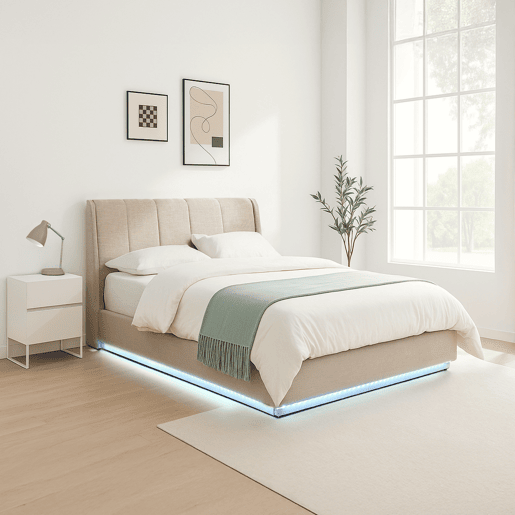 Cama estofada Tröstiar LED com base de ripas dobrável 140x200cm - Bege en.casa