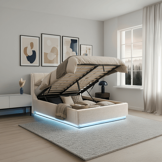 Cama estofada Tröstiar LED com base de ripas dobrável 140x200cm - Bege en.casa