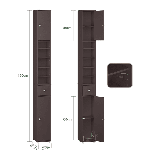 SoBuy BZR34-II-BR Coluna de casa de banho estreita - Armário de casa de banho alto, à prova de água, com prateleiras e gaveta ajustáveis - Armário que poupa espaço, MDF, castanho escuro, 20x180x20cm