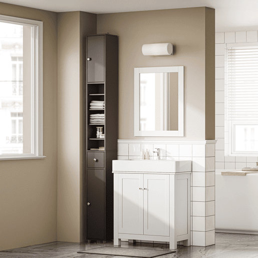 SoBuy BZR34-II-BR Coluna de casa de banho estreita - Armário de casa de banho alto, à prova de água, com prateleiras e gaveta ajustáveis - Armário que poupa espaço, MDF, castanho escuro, 20x180x20cm