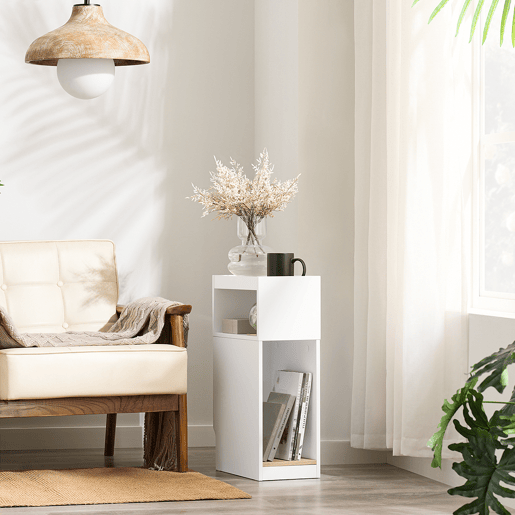 SoBuy FBT171-WN Mesa de cabeceira estreita, mesa lateral estreita com gaveta e prateleira, mesa de cabeceira moderna para quarto e sala de estar, branco, 20 x 35 x 60 cm