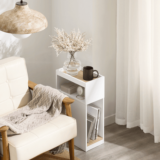 SoBuy FBT171-WN Mesa de cabeceira estreita, mesa lateral estreita com gaveta e prateleira, mesa de cabeceira moderna para quarto e sala de estar, branco, 20 x 35 x 60 cm