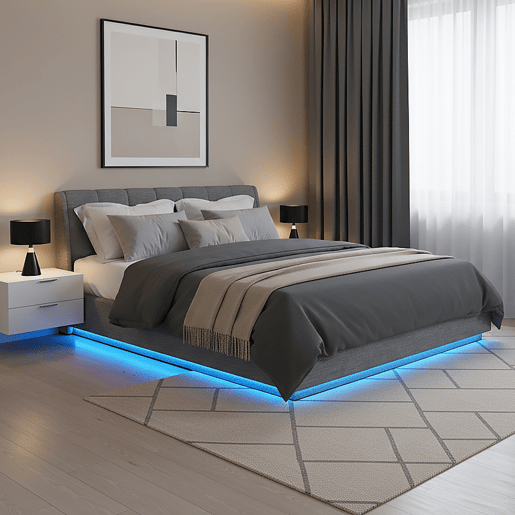 Cama estofada Tröstiar LED com base de ripas dobrável 180x200cm - Antracite en.casa
