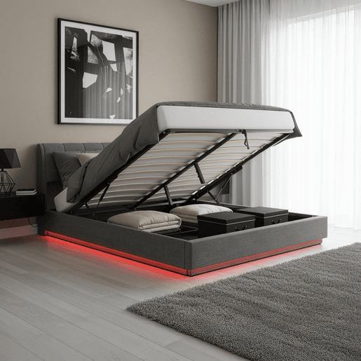 Cama estofada Tröstiar LED com base de ripas dobrável 180x200cm - Antracite en.casa