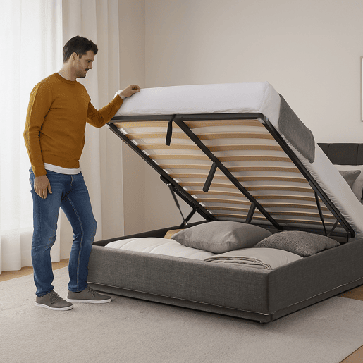 Cama estofada Tröstiar LED com base de ripas dobrável 180x200cm - Antracite en.casa